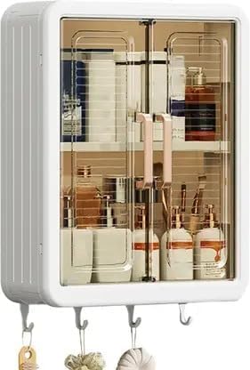 Wall Mounted Plastic Storage Cabinet for Bathroom Multipurpose Organizer with Doors and Shelves Space-Saving Storage Box for Toiletries (Pack of 1)-image-34