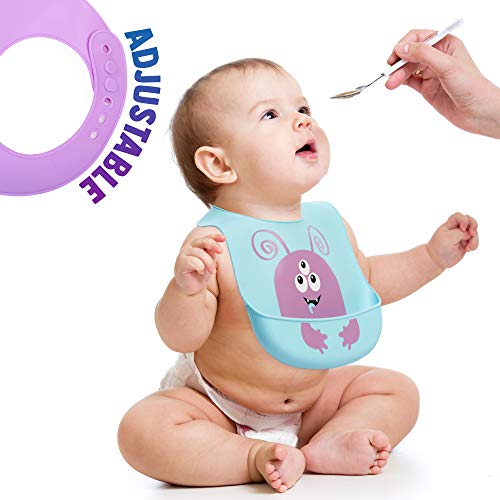 Chuckle Set van 5 Waterdichte Zachte Siliconen Baby Slabbetjes - Diepe Opvangbakje, Verstelbaar, BPA-Vrij - Image 4