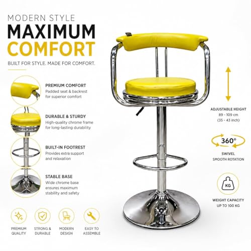 Image of Kemon Modern Adjustable Swivel Bar Stool Chair with Backrest, PU Leather Hydraulic Counter Stool with Footrest for Kitchen Island, Cafe & Home Bar (1, Yellow, Round Barrel Stool)