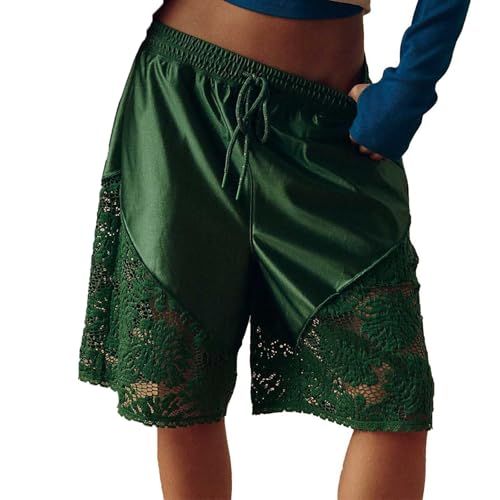 Pantalones cortos de encaje para mujer, pantalones cortos de entrenamiento para mujer, de cintura alta, holgados, casuales, con ribete de encaje, cómodos, pantalones cortos atléticos, pantalones