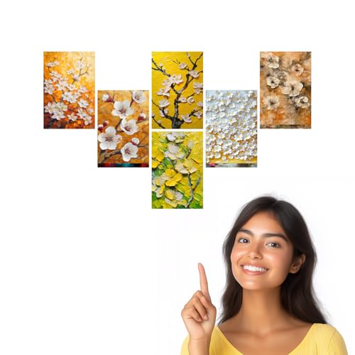 Image of Golden Yellow & White Floral Impasto Art Print Set - Set of 2-4x6 Inch - Board (Pack of 6) - Sticker (Pack of 6) Wall Room Decoration art Poster Prints