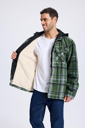 Image of TanBridge Men's Cotton Plaid Shirts Jacket Full Zip Fleece Flannel Sherpa Lined Hoodies Heavyweight Hoodies Jacket for Men