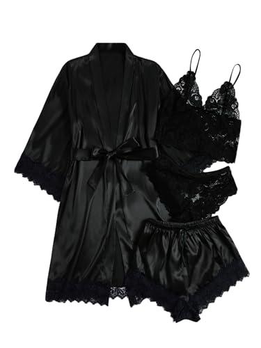 WDIRARA Women' Silk Satin Pajamas Set 4pcs Lingerie Floral Lace