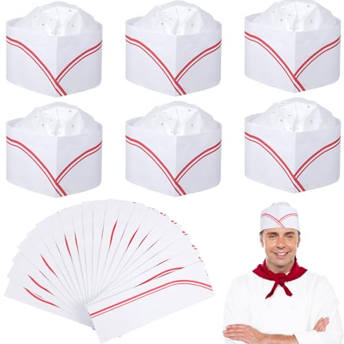 jojofuny Lot de 20 Toques de Chef Jetables en Papier, Ajustables Bande Rouge, Chapeaux Légers pour Cuisiniers Adultes en Restauration et Fête Costumée