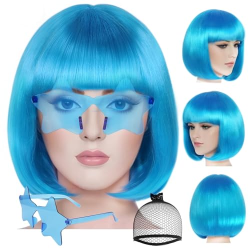 Image of ANOGOL Blue Bob Wig with Bangs Light Blue Wigs for Women Colored Wigs Party | Hair Cap+Sunglasses Short Neon Wig for Bachelorette Party Funny Outfit for Women Halloween Costume Night Club Crazy Hair Day