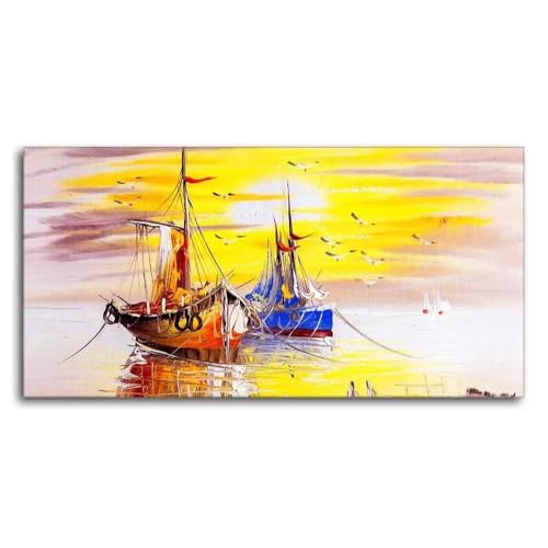 Affiche vintage marine avec mouettes au coucher du soleil toile 80x160cm