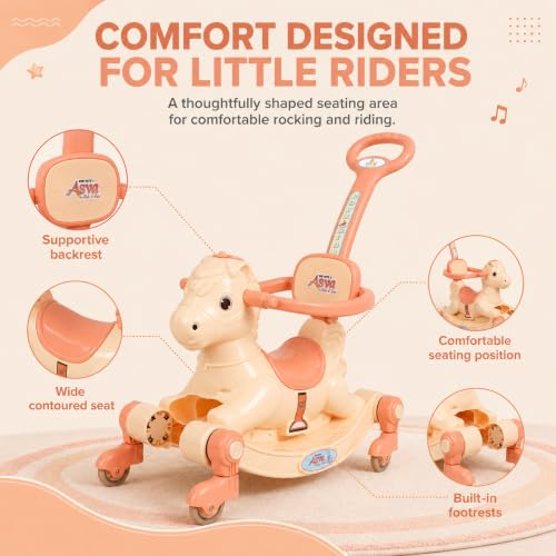 Image of 3 in 1 Baby Horse Rider for Kids 1-5 Years with Parent Handle, Rocking Horse, Ride On Toy, 360 Safety Guard, Music, Swivel Wheels, Backrest, Baby Ride On for Boys & Girls (Cream)