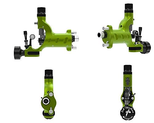 Four different views of the Ink Machines Stingray X2 Rotary Tattoo Machine in slime green, showing front, back, top, and side perspectives.