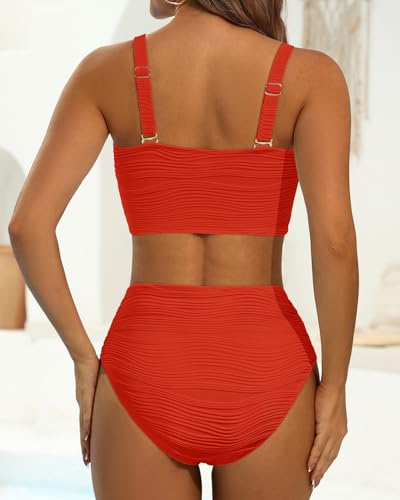 Image of High Waisted Bandeau Bikini Set - Women Strapless Two Piece Swimsuits Ribbed Longline Full Coverage Bathing Suits Swimwear