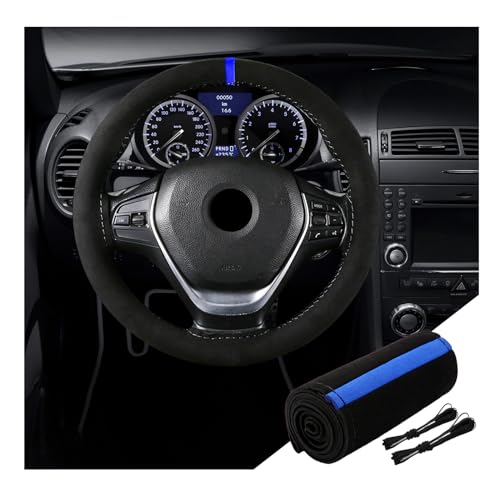 Dickno Car Steering Wheel Cover, Anti-Slip Auto Stitch on Wrap Steering Wheel Protector for Max Diameter 15 Inch, DIY Sewing with Needle Thread, Universal Vehicle Interior Decor (Black & Blue)