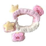LOTUSTAR 3Pcs Makeup Headband with Absorbent Wristband Cute Pig Skincare Hair Bands Makeup Spa Face Wash Headband (Pink)