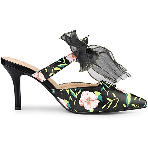 Allegra K Women's Pointed Toe Lace Bow Floral Printed Stiletto Heels Black Mules - 7 M US