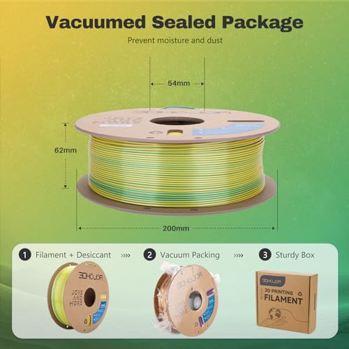 Image of 3DHoJor Silk PLA Filament 1.75mm Dual Color PLA 3D Printer Filament 2 in 1 Coextrusion 1KG Spool(2.2lbs) 3D Printing Filament Dimensional Accuracy + /- 0.03mm Fits for Most FDM 3D Printers-Gold Green