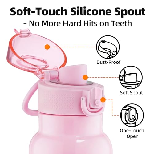 Image of Fanhaw 24 oz Insulated Water Bottle with Soft Silicone Spout Lid, Leakproof Stainless Steel Vacuum Bottle for School, Sports& Daily Use, Kids, Teens& Adults, Back to School Essentials (Pink)