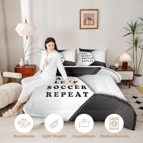 Image of Feelyou Soccer Comforter Set Queen Size Football Bedding Set for Kids Boys Girls Eat Sleep Sports Theme Duvet Quilt Bedroom Decor Microfiber 3 Pcs with 2 Pillow Cases