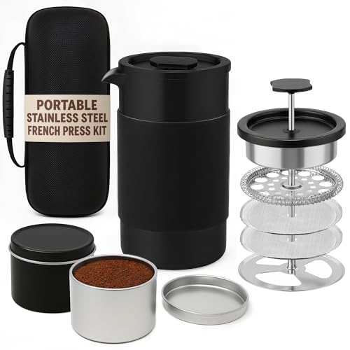 Travel French Press Coffee Maker Set - 12 oz | Portable Travel French Press Coffee Maker | Double Wall Insulated with Dual Stainless Filters & 2 Steel Canisters for Grounds, Tea, Creamer & Sugar