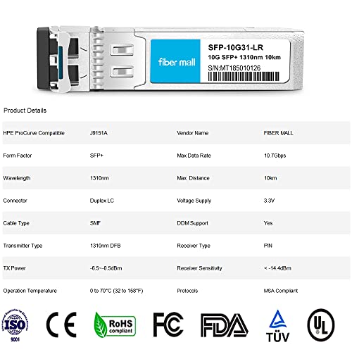 Image of SFP 10G LR for HPE ProCurve J9151A HPE Aruba J9151D J9151E J9151ECM 10GBASE-LR SFP+ 1310nm 10km DOM Transceiver Module