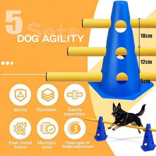 XEIYEI 5er Sports Steckhürdenset Cavaletti Agility Set Hunde Hürden Steckhürdenset 10 Kegel 23cm + 5 Stangen 80cm Agility Koordinationstraining Set für Kinder Hunde Teamsport Fussball