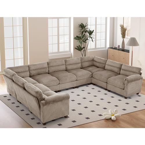 HAOMARKETS 141" Wide Modular Sectional Corner Sofa Couch, Oversized Corduroy U Shaped 10-Seater Couches with Rolled Arms and Thicken Cushion for Living Room, Brown
