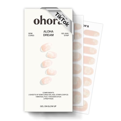ohora Semi Cured Gel Nail Strips (N Aloha Dream) - Beige Art Works with Any Lamps Salon-Quality Long Lasting Easy to Apply & Remove - Includes 2 Prep Pads Nail File & Wooden Stick