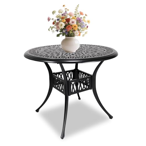 PATIO-IN 35' Outdoor Dining Table, Cast Aluminum Patio Bistro Table with 2.44' Umbrella Hole, Patio Furniture for Backyard Garden, Black