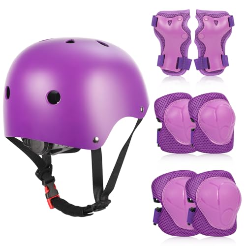 ZWOOS Protezioni Skateboard Bambino,Protezioni Bici Bambino con Casco Regolabile Ginocchiere Gomitiere, Protezioni Skateboard Bambini per Skateboard,Bicicletta,Pattinaggio, Monopattino (viola)