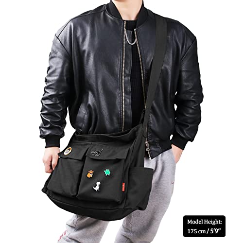 Captain Blues Canvas Messenger Bag Umhängetasche Crossbody Schulter Tote Hobo Bag für Frauen und Männer - Große Tasche mit mehreren Fächern (Schwarz)