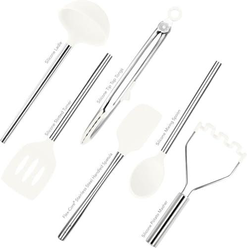Image of Tovolo Silicone Cooking Utensil Set of 6 Stainless Steel Handle Ladle Slotted Turner Tongs Flex Core Spatula Scraper Mixing Spoon & Potato Masher, Dishwasher Safe BPA Free Utensils, White