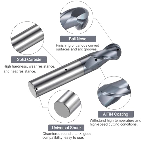 Image of uxcell Ball Nose End Mill CNC Router Bit, 5 /16 inch Radius 5 /8 inch Shank Solid Carbide AlTiN Coated Upcut Spiral 2 Flutes Cutter Milling Tool, 5 /8 inch Dia 3-1 /2 inch Total Length