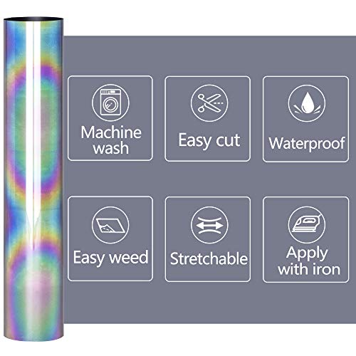 Image of RENLI.TONG Reflective Rainbow HTV Roll, 12'' x 10' for DIY T-Shirts, Iron on Vinyl, PU Stretch Elastic, Eco-Friendly, Easy to Cut & Weed, Compatible with Cricut, Silhouette