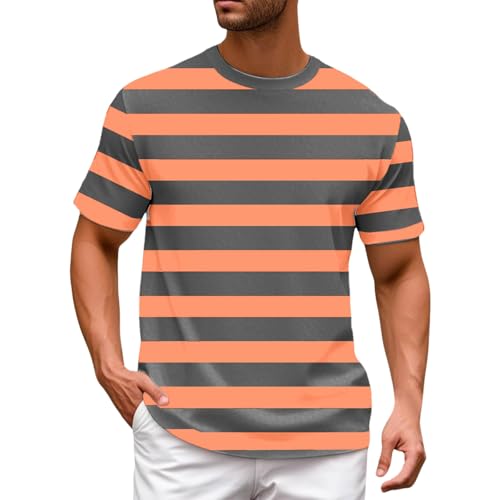 Camiseta de mezcla de rayas para hombre, color azul marino con rayas de bloques, camiseta de cuello redondo, comodidad de verano, estilo informal, camiseta de algodón, naranja, XXL
