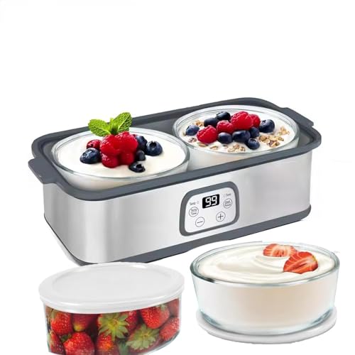 Probiotic Yogurt Maker with Adjustable Time & Temp Control - Make Trillions of Live Probiotics with Two 1-Quart Containers for Larger Batches - Greek Yogurt Maker (2 Glass Jars)
