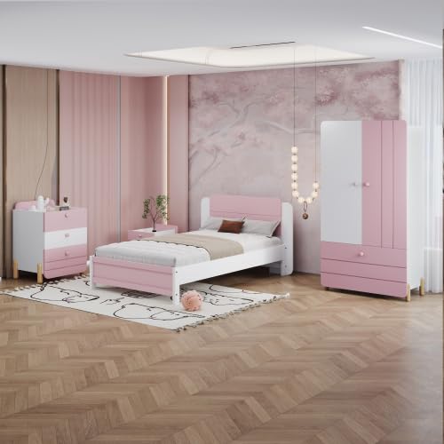 Dolamaní Juego completo de muebles para habitación juvenil, cama individual de 90 x 200 cm, mesita de noche con 3 cajones, 1 cajón, armario, cama, para niños y niñas (rosa)
