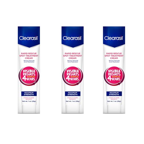 Clearasil Rapid Rescue Spot Treatment Cream with Benzoyl Peroxide Acne Medication for Acne Relief, 1 Ounce (Pack of 3)