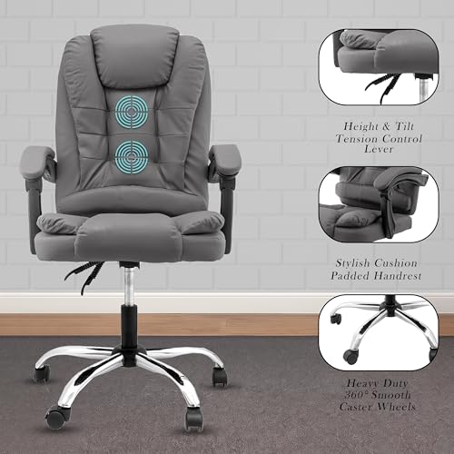 Image of Italia Premium Leatherette Office Chair for Work | Boss Chair, Ergonomic Executive, Luxurious Cushioned Arms & Seat, 2 Point Back Massager, Heavy Duty Metal Base (Grey)