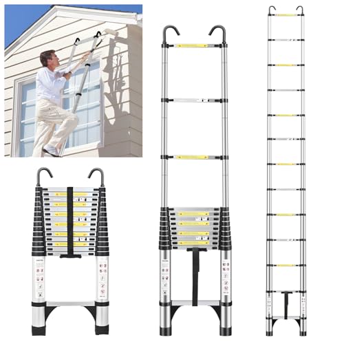 JADDUO 14.5 FT Telescopic Ladder, Aluminium Silver Telescoping Ladder with Non-Slip Feet and Stable Hook, Portable Extension Ladder for Household and Outdoor Working, Heavy Duty 330 lbs Max Capacity
