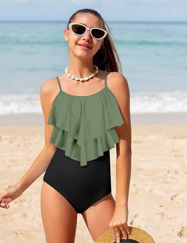 Image of Girls Swimsuit Color Block One Piece Swimsuit 2-Tiered Ruffle Bathing Suit Adjustable Strap Girls' Swimwear 7-16Y