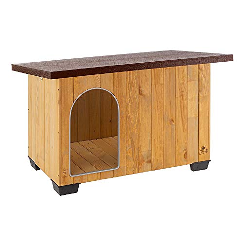 Ferplast BAITA 100 Casetta per Cani in Legno FSC – Tetto Apribile, Impermeabile & Anti-UV – Spiovente, con Chiusura – Porta Antimorso in Alluminio – Piedi Isolanti – 121 x 78 x h 78,5 cm