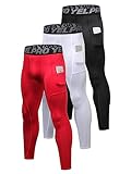 LEICHR 3 Pack Mens Compression Pants Running Tights Athletic Sports Baselayer Pockets Basketball Active Tights