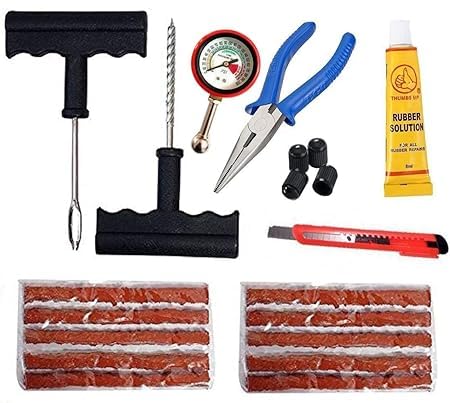 Tubeless Tyre Puncture Kit with Piller and Solution for Cars, Bikes Puncture Repair Kit. 1Rubber Glue + 10Pcs Strips+ 1Pcs Nose Plier +1 Tire Pressure Small Gauge-image-13