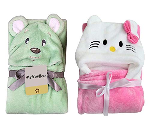 Image of MY NEWBORN Baby Blanket Wrapper Bath Towel- Pack of 2 Katty, GreenPuppy