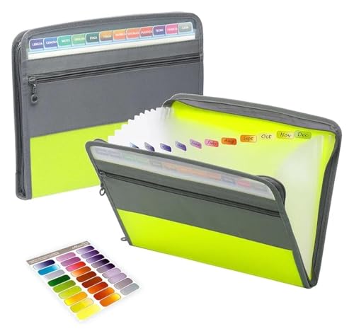 ドキュメントオーガナイザー 拡張可能なエキスパンダブルファイル、 13ポケット拡張ファイルフォルダアコーディオンドキュメントオーガナイザージッパー開閉マルチカラー(Green)