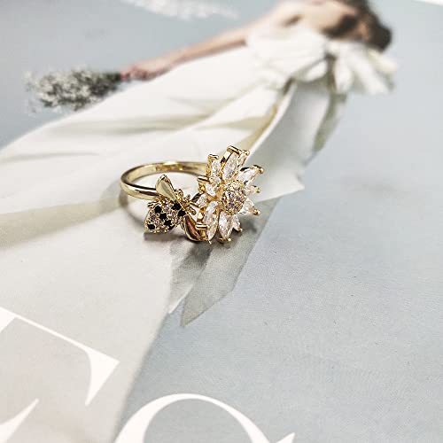 Daisy Honey Bee Fidget Spinner Ring For Women Girls Fashion Anti Anxiety Rotatable Wedding Ring Charms Cubic Zirconia Open Adjustable Stress Relief Jewelry Gift Engagement Birthday Valentine's Day #TOP6