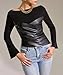 Women Black Pu Leather Splicing Tank Top Ruched Y2k Wrap Shirt Vintage Long Trumpet Sleeve Asymmetrical Tees Blouse