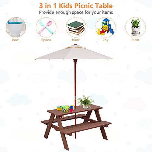 Kotek Kids Picnic Table With Umbrella Foldable, Wooden Kids Table & Benches For Crafting, Eating & Playing, Outdoor Toddler Activity Table For Backyard, Patio, Garden, Gift For Ages 3-8 (Brown) #TOP1