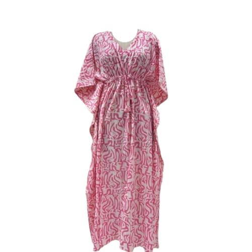 Women's Pink Long Flowy Beach Cover Up,V-Neck Batwing Kaftan Loose