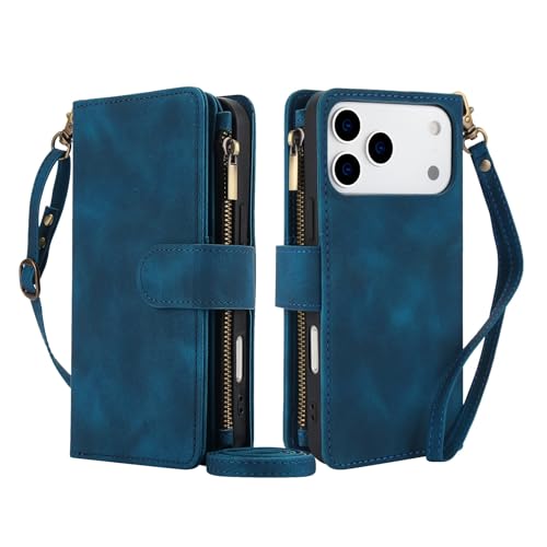 Étui cuir iPhone 16 Pro Max bleu style rétro premium avec rabat magnétique et sangle