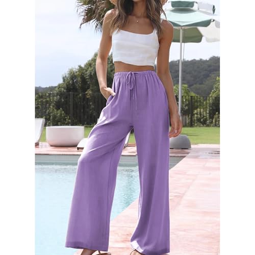 Image of Duyang Womens Cotton Linen Palazzo Pants Drawstring Elastic Waist Casual Wide Leg Trousers with Pockets
