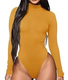 GEMBERA Women’s Long Sleeve Turtleneck Ribbed Knit Stretchy Bodysuit Leotard Mustard Yellow M