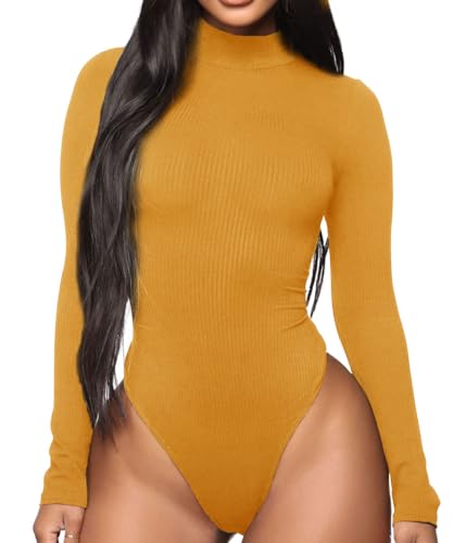 GEMBERA Womens Stretchy Long Sleeve Turtleneck Ribbed Knit Fitted Basic Bodysuit Shirt, Mustard Yellow, Large